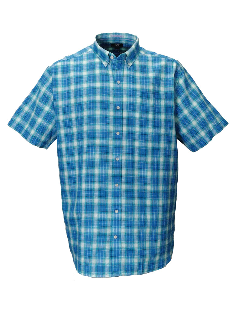 Blue Plaid Linen Blend Short Sleeve Shirt - High and Mighty Menswear
